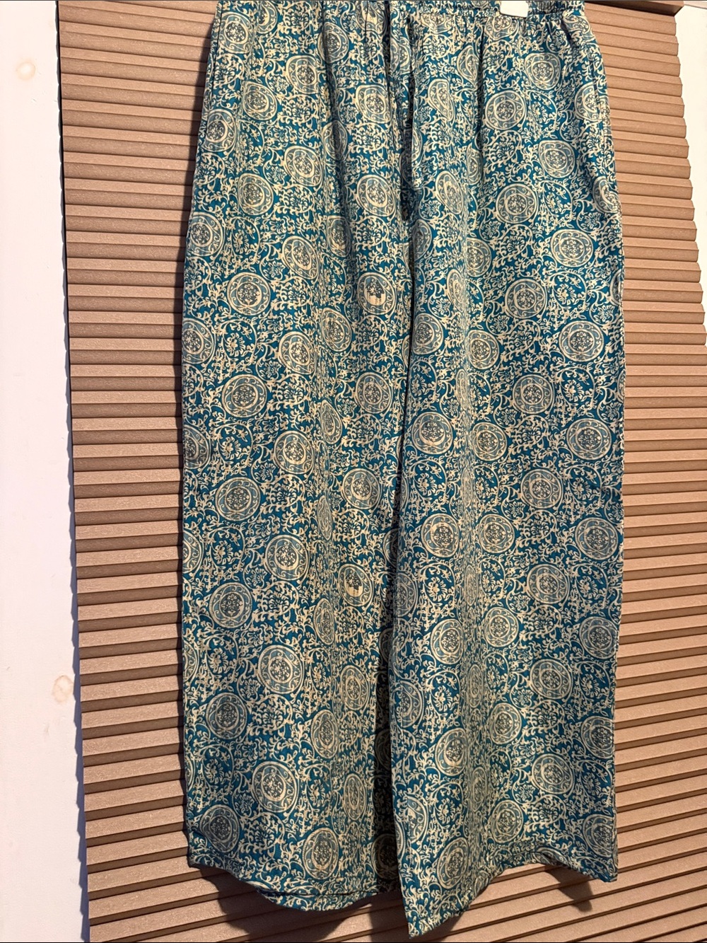 Women's Teal Printed wide leg pants  with Elastic Waist 100 silk